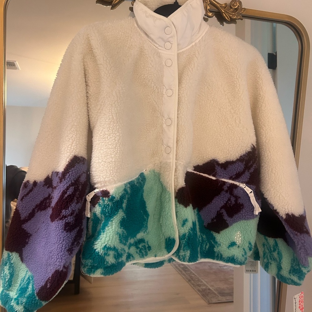 Free People Colorful Teddy Jacket - White, Purple, Teal